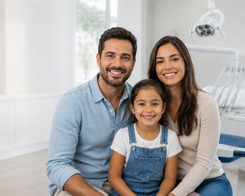 Família sorrindo na Clínica Dentária Central em Cambé